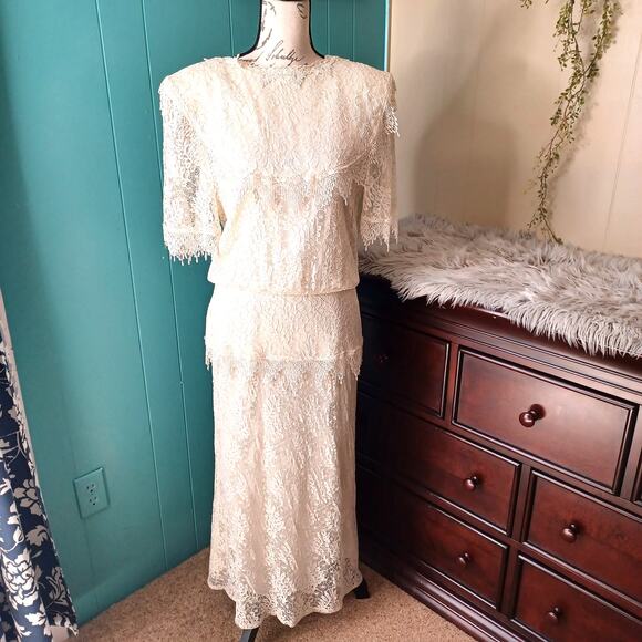 Jessica McClintock 70's Beige Lace Prairie Dress With Big Bow On Back - Picture 1 of 13